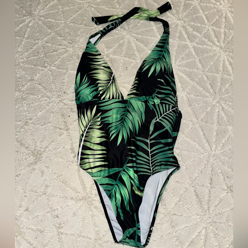 Tropical Halter One-Piece Swimsuit - Black & Green Leaf Print - Picture 5 of 7